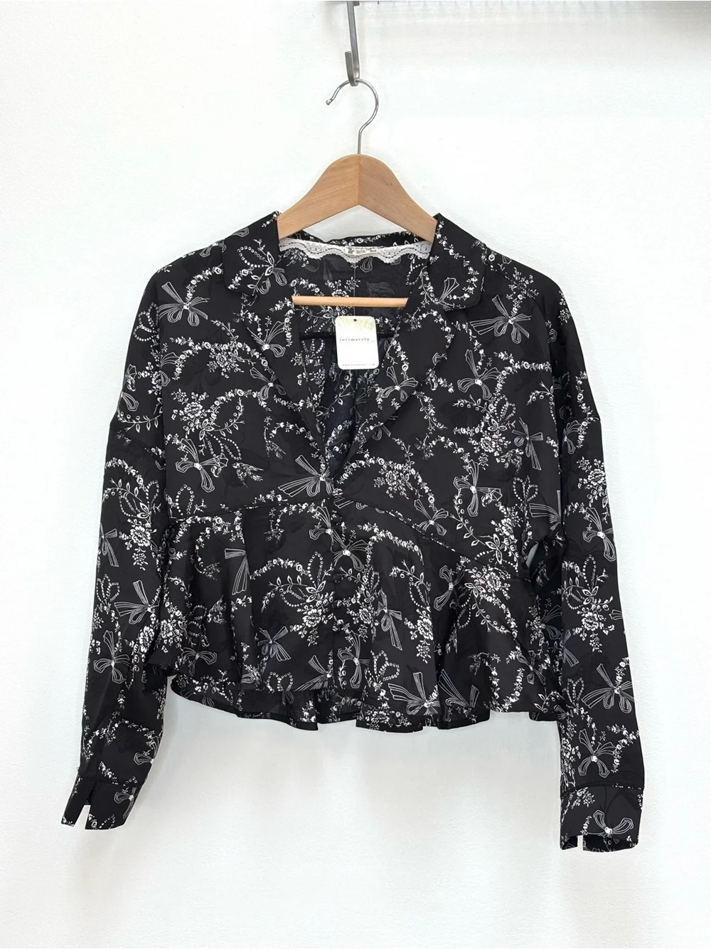 Free People Beauty Sleep Satin Pajama Top Floral Bow Print Black Small New